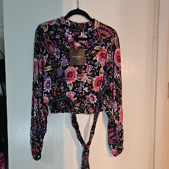 Cynthia Rowley Tops - Cynthia Rowley Black Floral Tie-Front Blouse with Pink & Purple Blooms